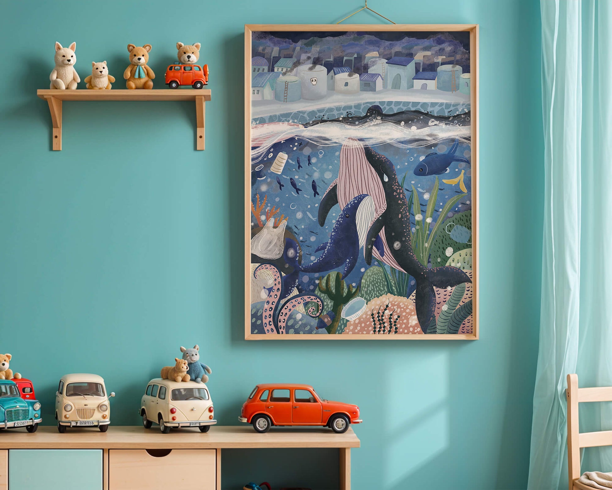 Whimsical Underwater City with Marine Life and Pollution