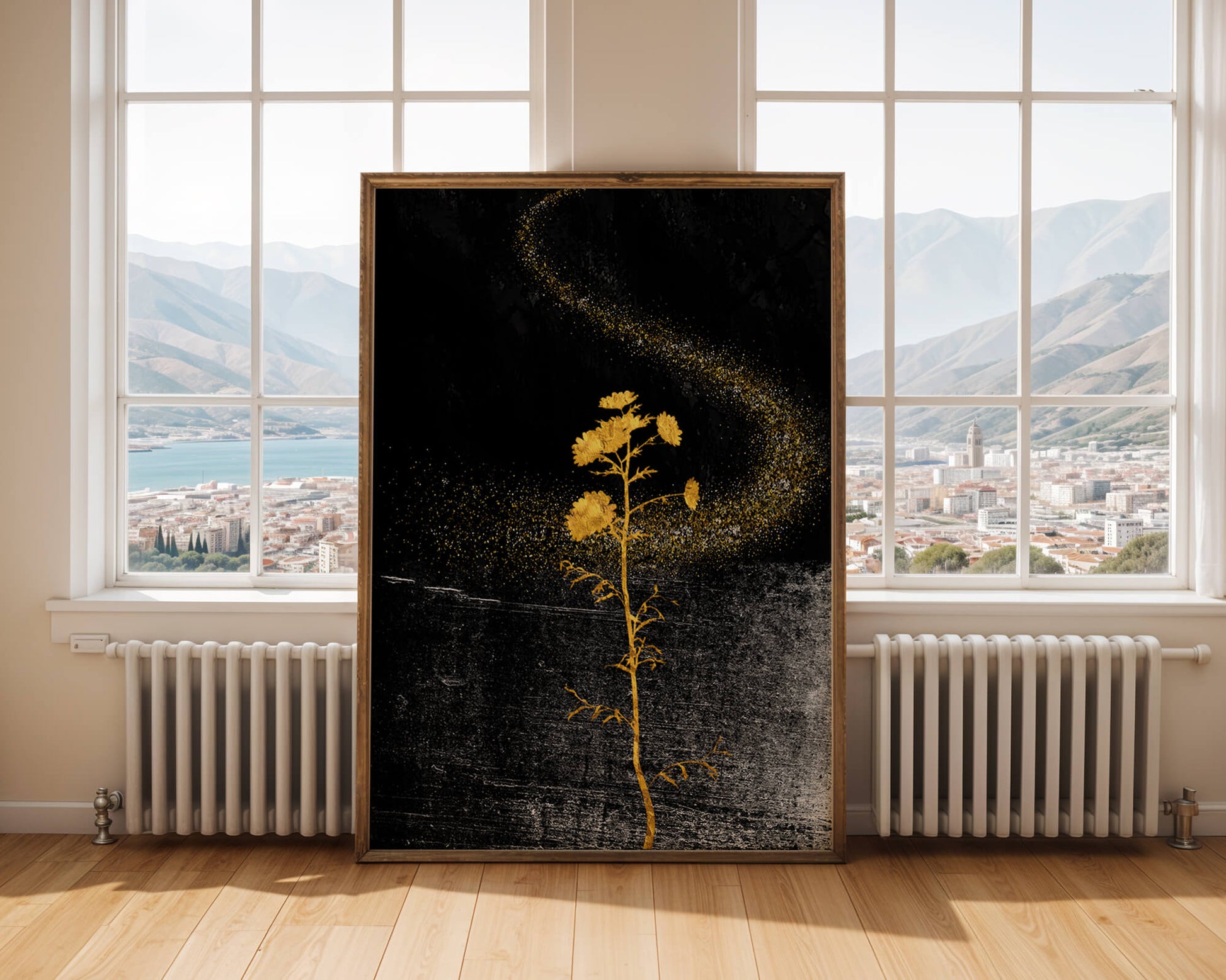 Golden Flowers on Black Background with Sparkling Dust