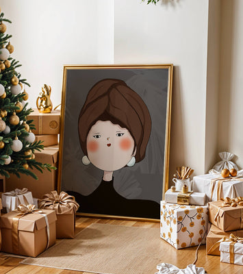 Elegant portrait of a woman with a unique headscarf and expressive features