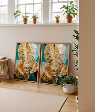 Blätter der Goldenen Monstera auf geometrischem Hintergrund