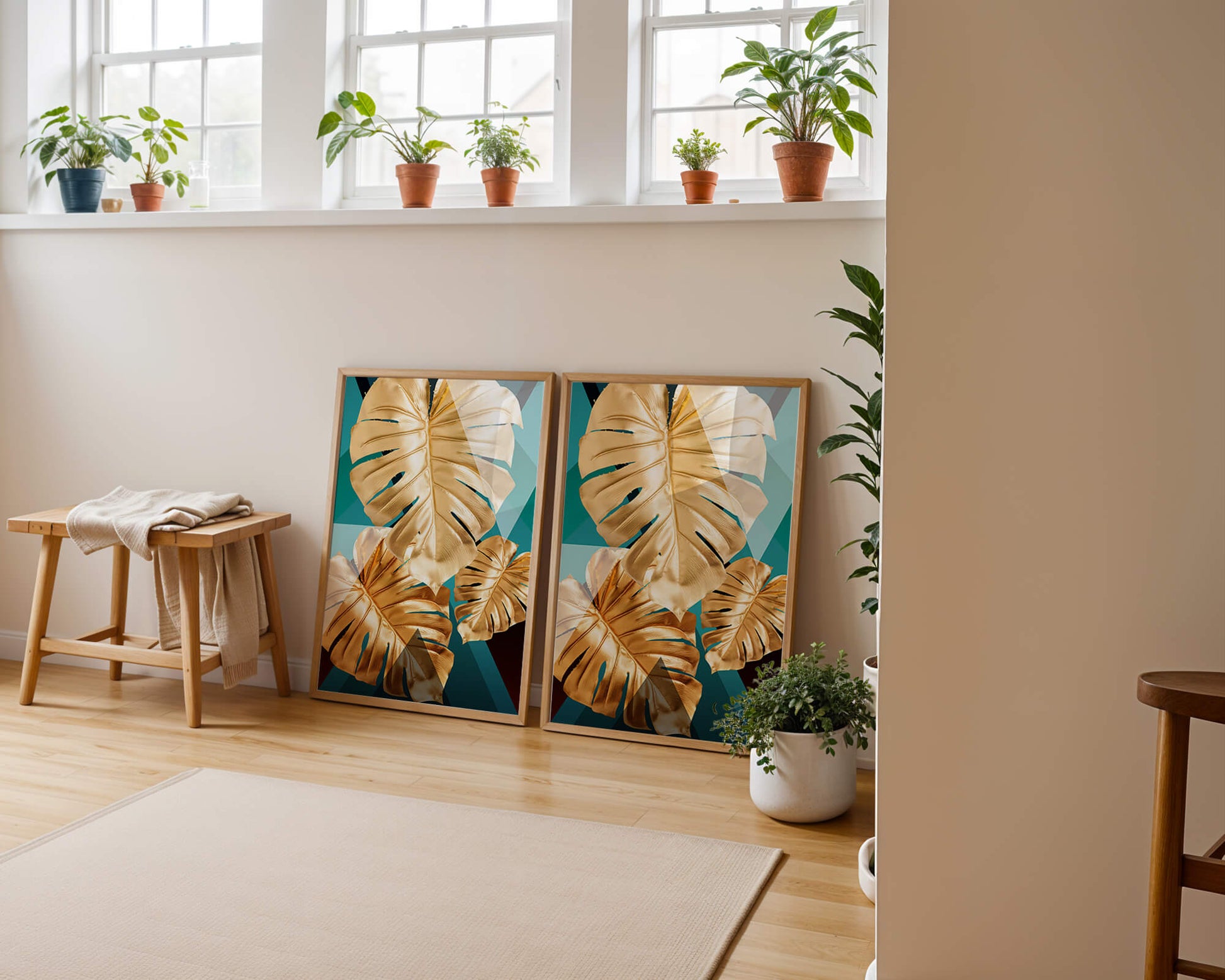 Hojas de monstera doradas sobre fondo geométrico