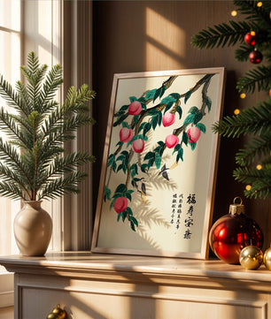 Delicate illustration of peach tree with birds and calligraphy