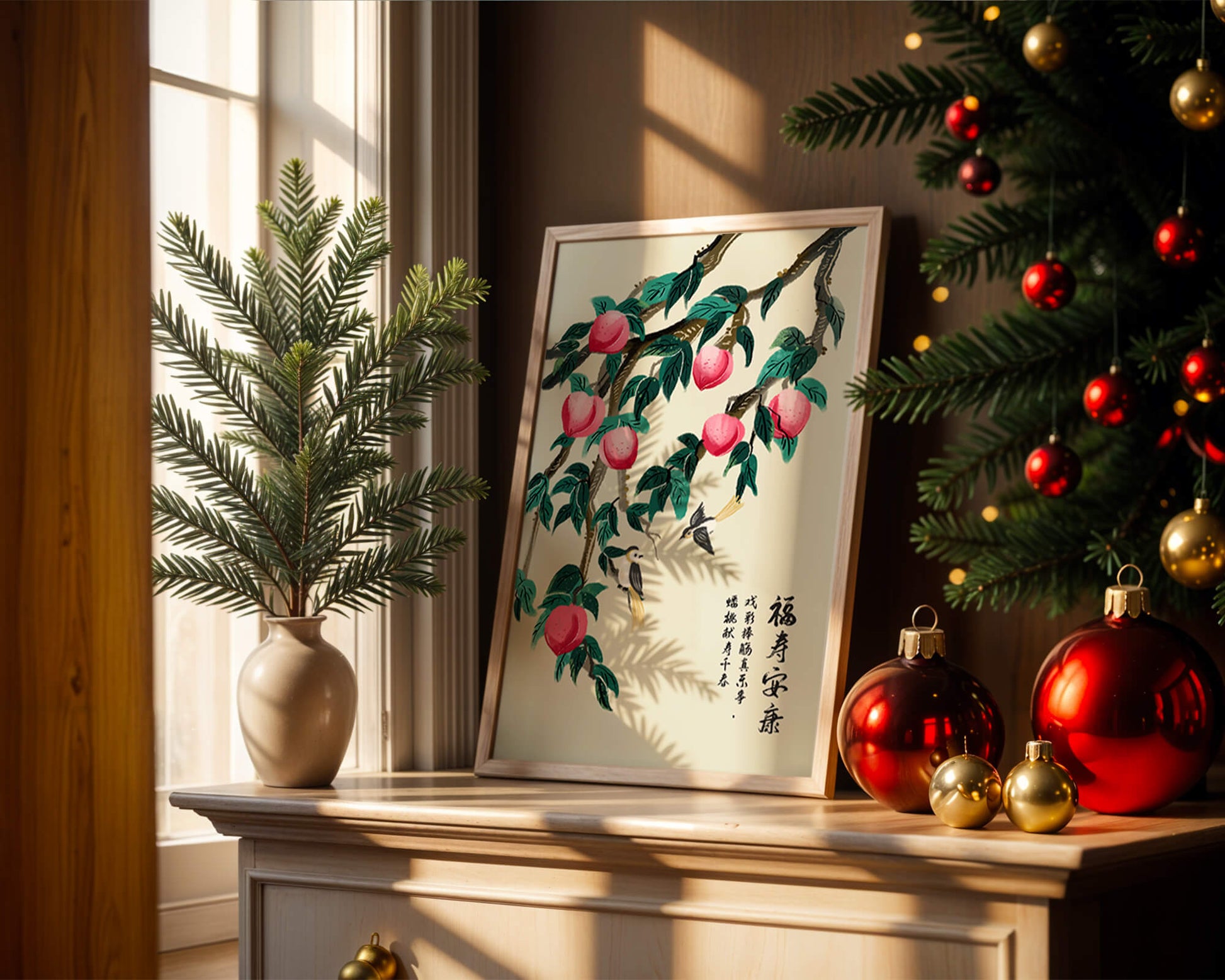 Delicate illustration of peach tree with birds and calligraphy