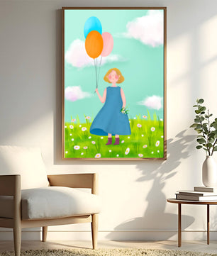 Girl with balloons in a field of daisies under a blue sky