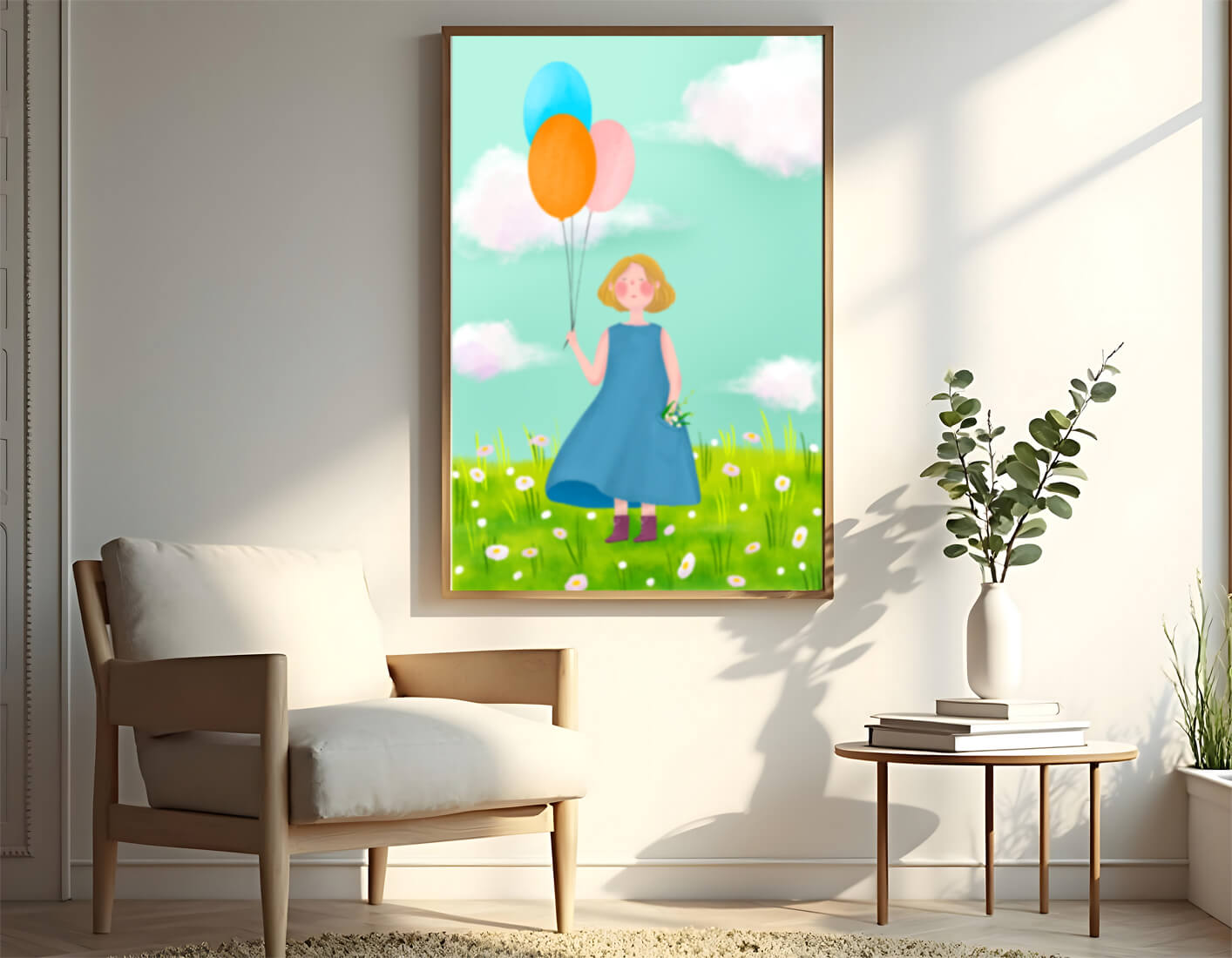 Girl with balloons in a field of daisies under a blue sky