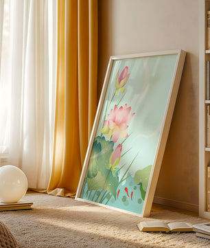 Loteo de flores de loto ilustrativas con hojas y peces koi en un estanque sereno