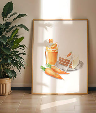 Illustration von Karottenkuchen und Saft mit frischen Karotten