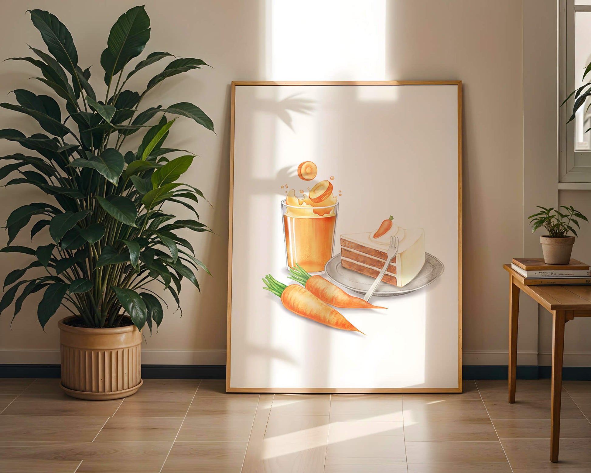 Illustration von Karottenkuchen und Saft mit frischen Karotten