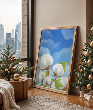 Künstlerische Illustration von Baumwollpflanzen vor einem klaren blauen Himmel