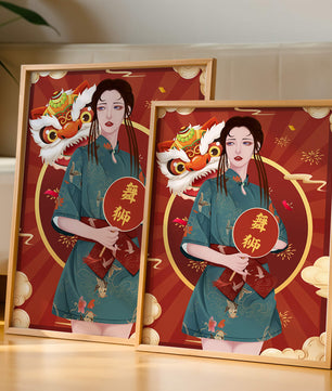 Elegant woman in traditional attire with lion dance mask in vibrant background