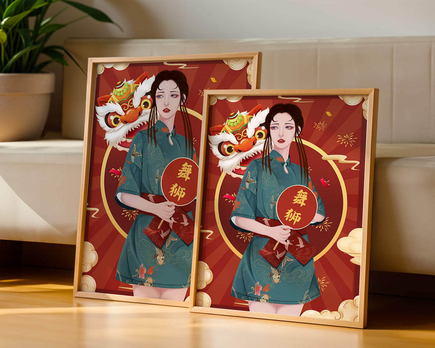 Elegant woman in traditional attire with lion dance mask in vibrant background