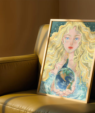 Fantasy artwork of woman holding earth with shimmering details