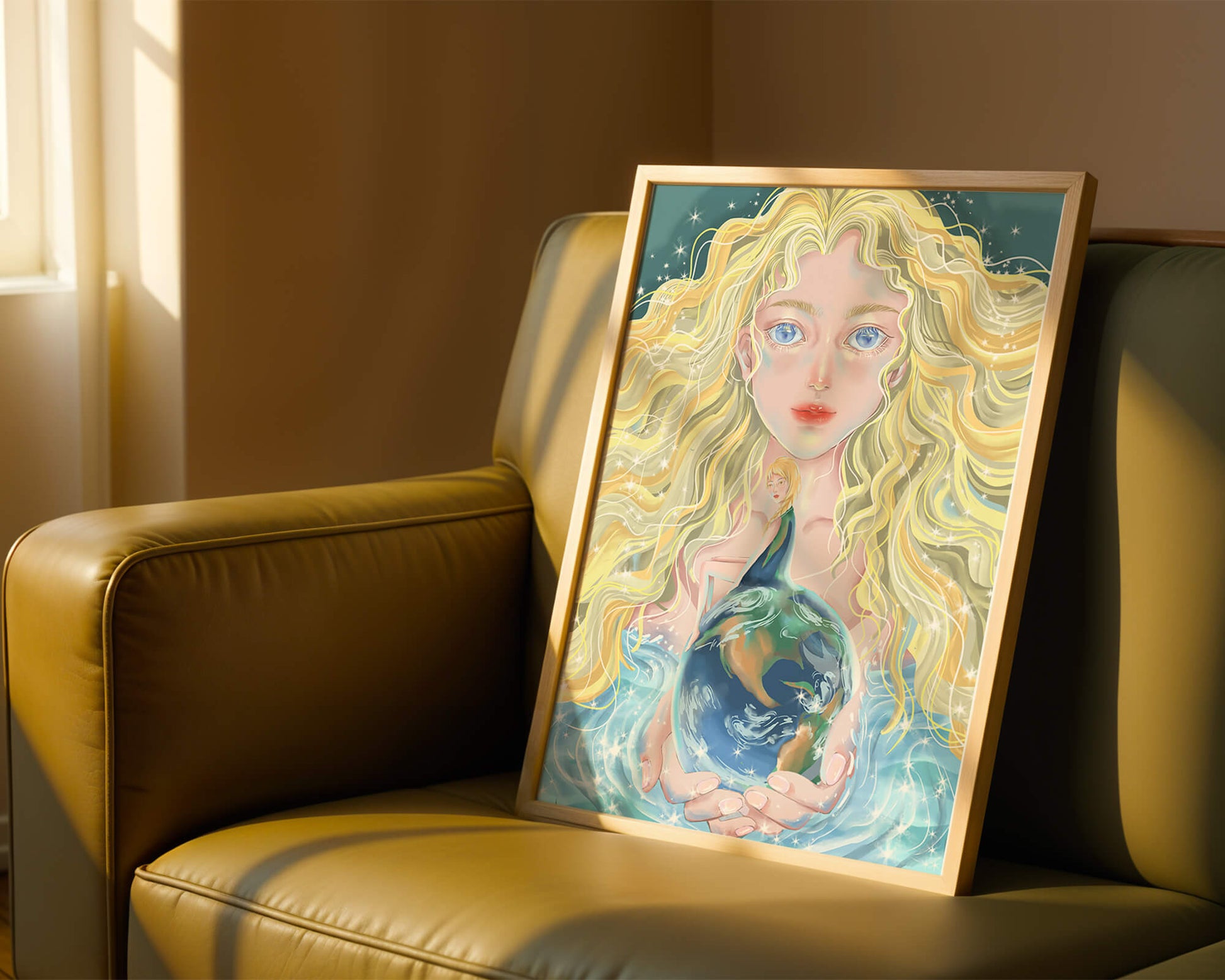Fantasy artwork of woman holding earth with shimmering details