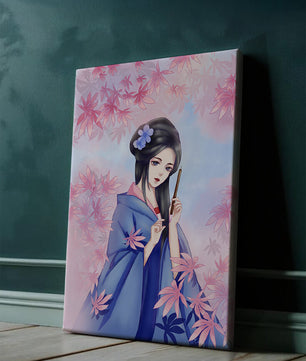 Ilustración elegante de una geisha con kimono azul y hojas rosadas