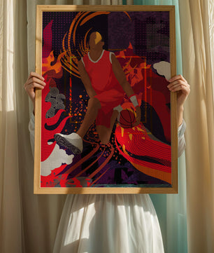 Ilustración dinámica de un jugador de baloncesto en movimiento con patrones abstractos