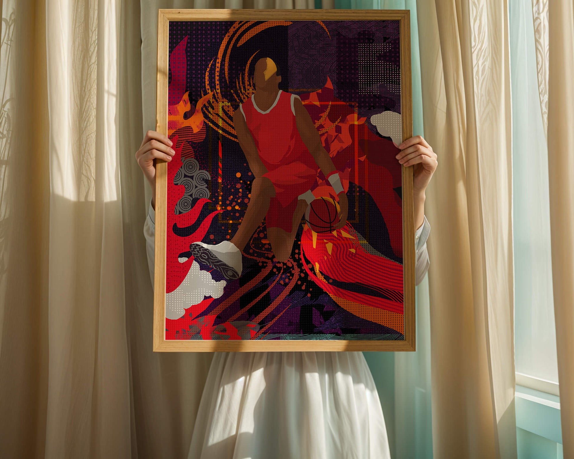 Dynamic illustration of a basketball player in motion with abstract patterns
