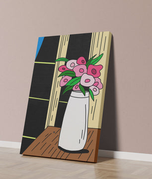 Abstract illustration of flowers in a vase on a wooden table