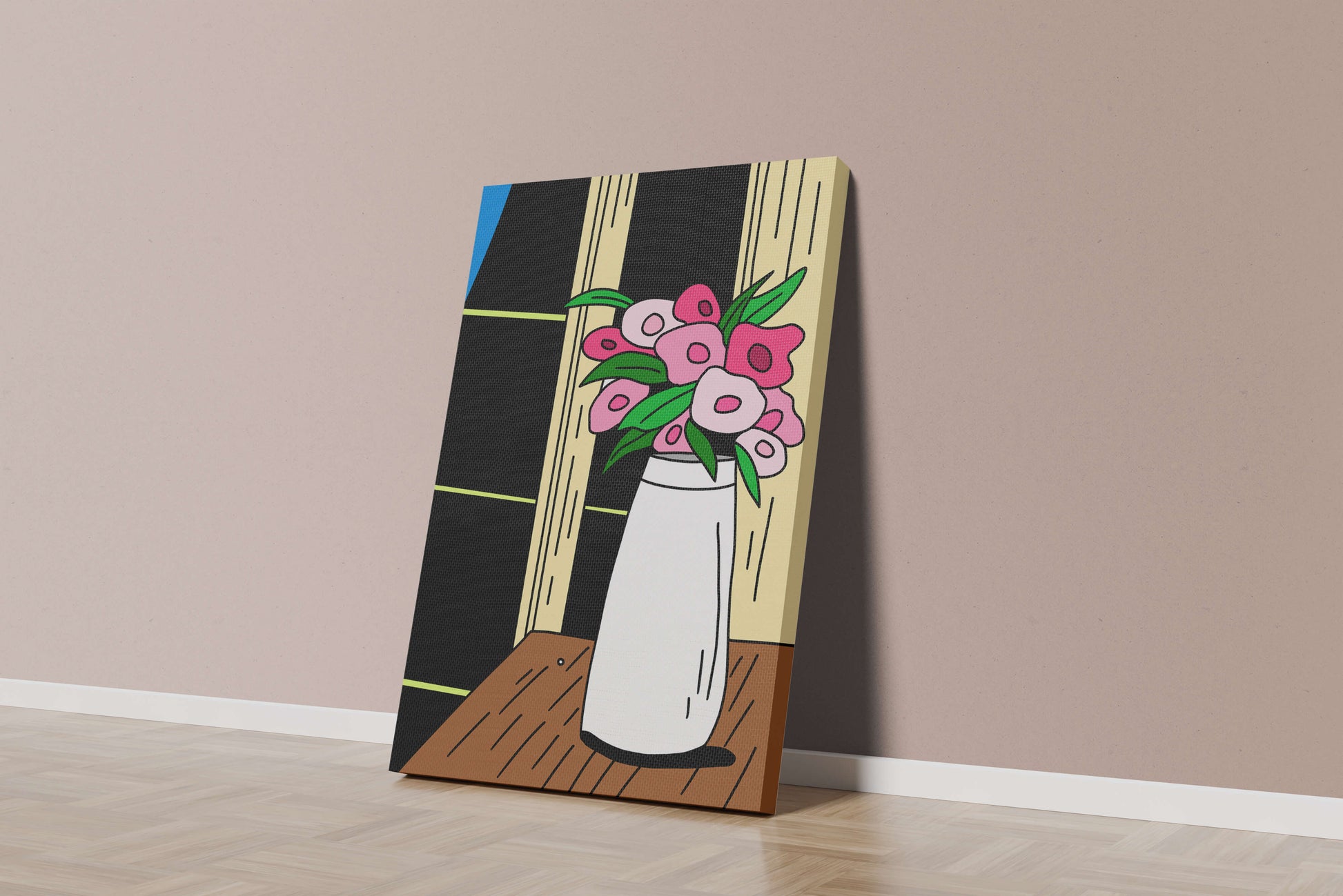 Abstract illustration of flowers in a vase on a wooden table