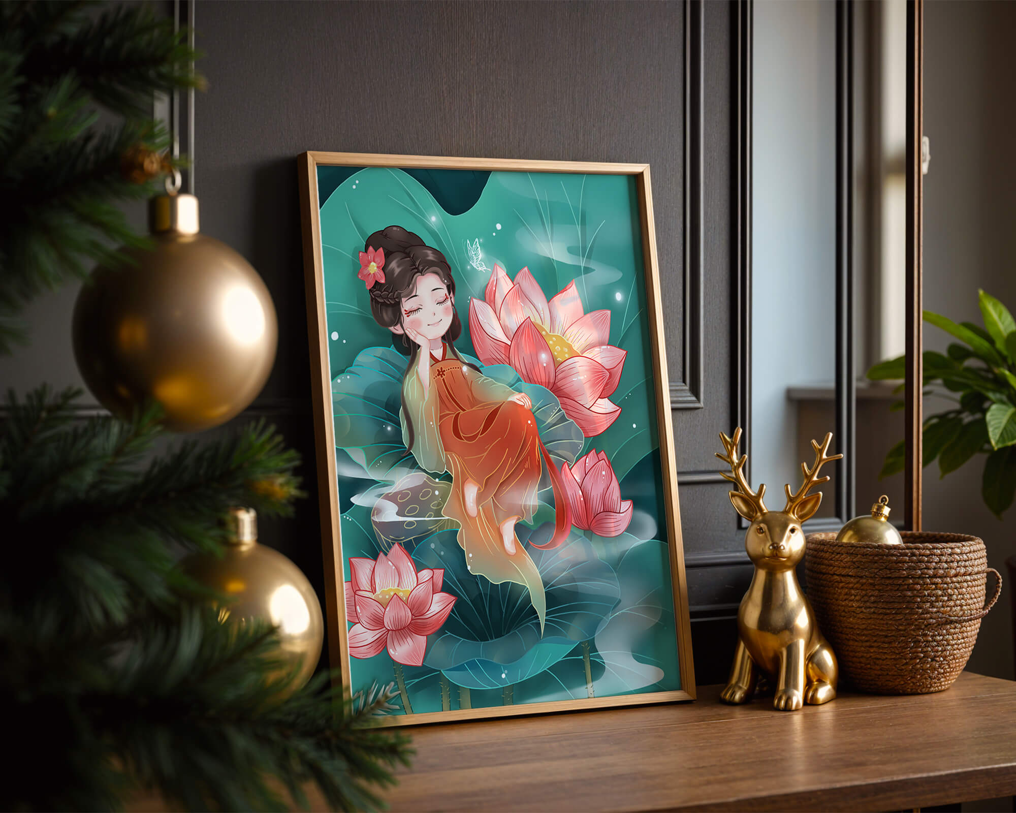 Charming illustration of a girl resting amidst lotus flowers