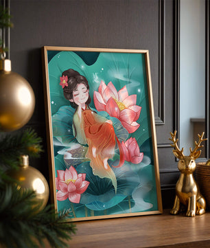 Charmante illustration d'une fille se reposant parmi des fleurs de lotus