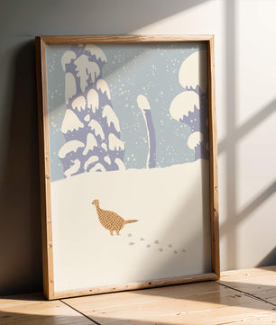Winter landscape with pheasant walking through snowy forest