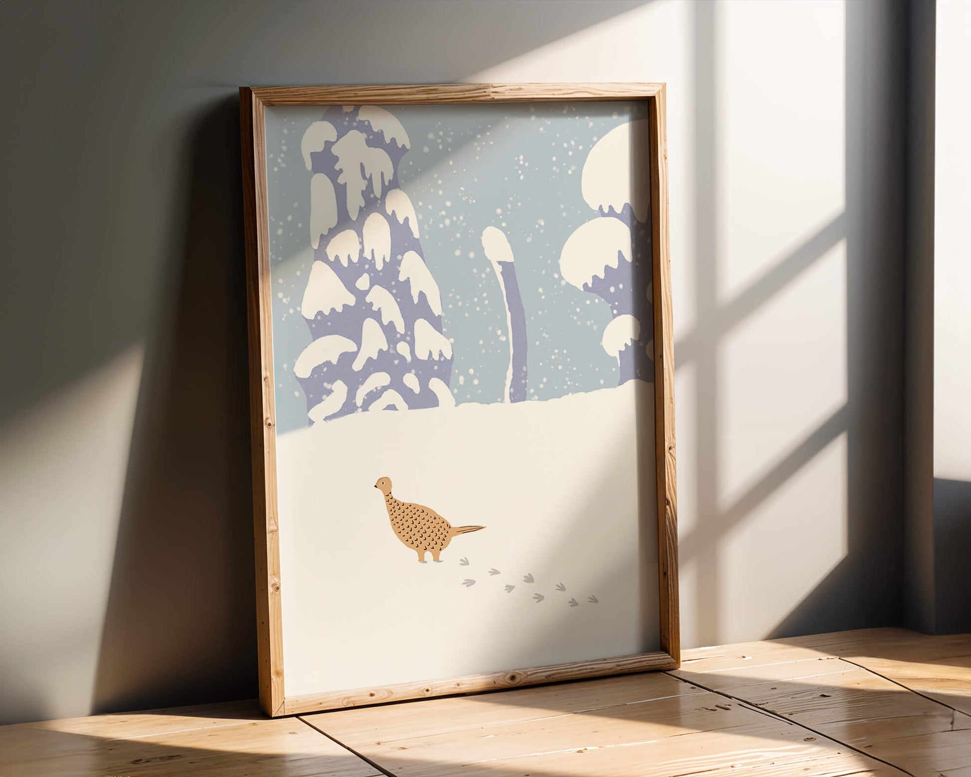 Winter landscape with pheasant walking through snowy forest