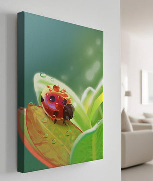 Ladybug on Leaf with Dew Drops in Serene Nature Setting - Mi tienda
