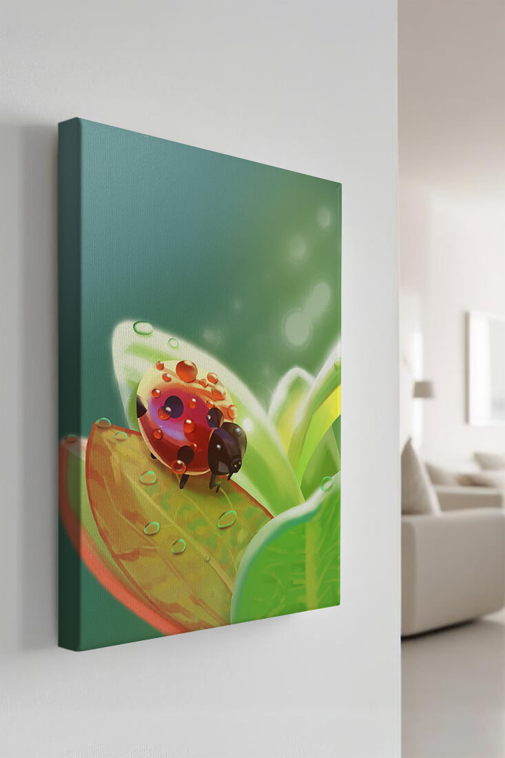 Ladybug on Leaf with Dew Drops in Serene Nature Setting
