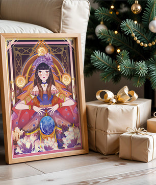 Obra de arte de fantasía con una adivina que tiene una bola de cristal y flores