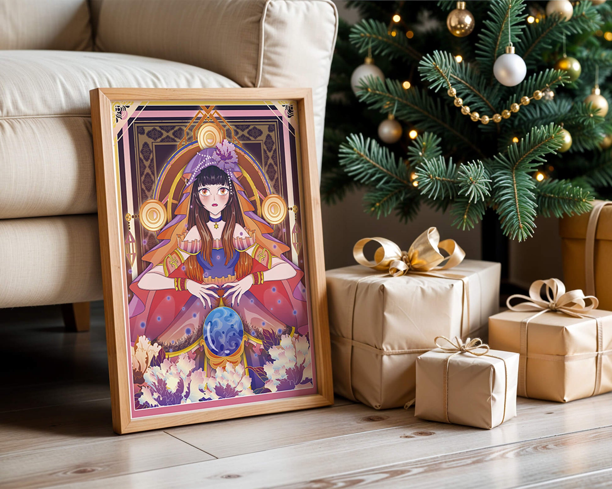 Fantasy Artwork Featuring a Fortune Teller with Crystal Ball and Flowers