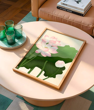 Delicate pink lotus flowers with verdant green leaves