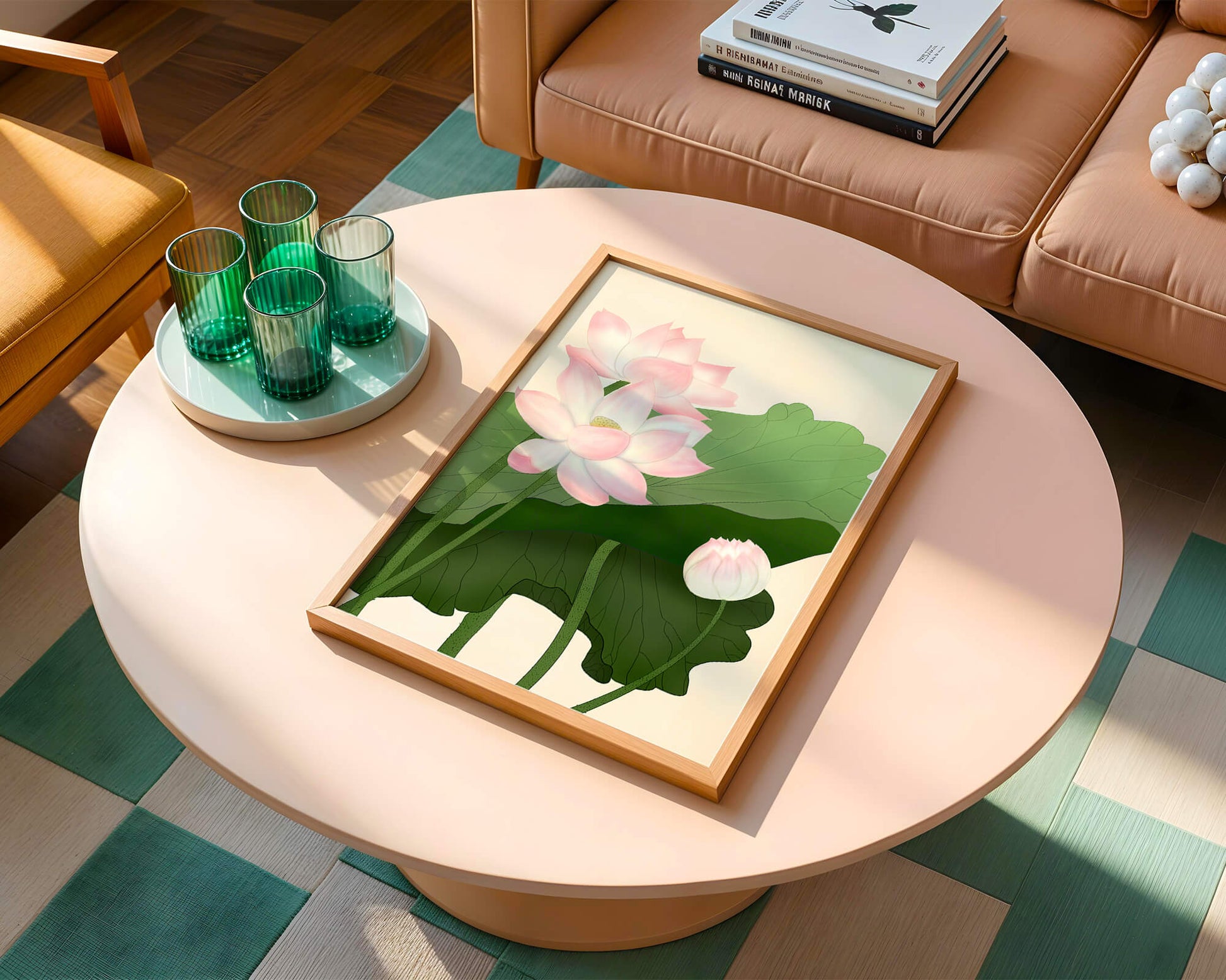 Delicate pink lotus flowers with verdant green leaves
