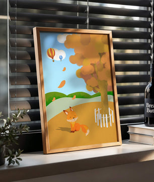 Herbstszene mit einem süßen Fuchs, Heißluftballons und einem bunten Baum