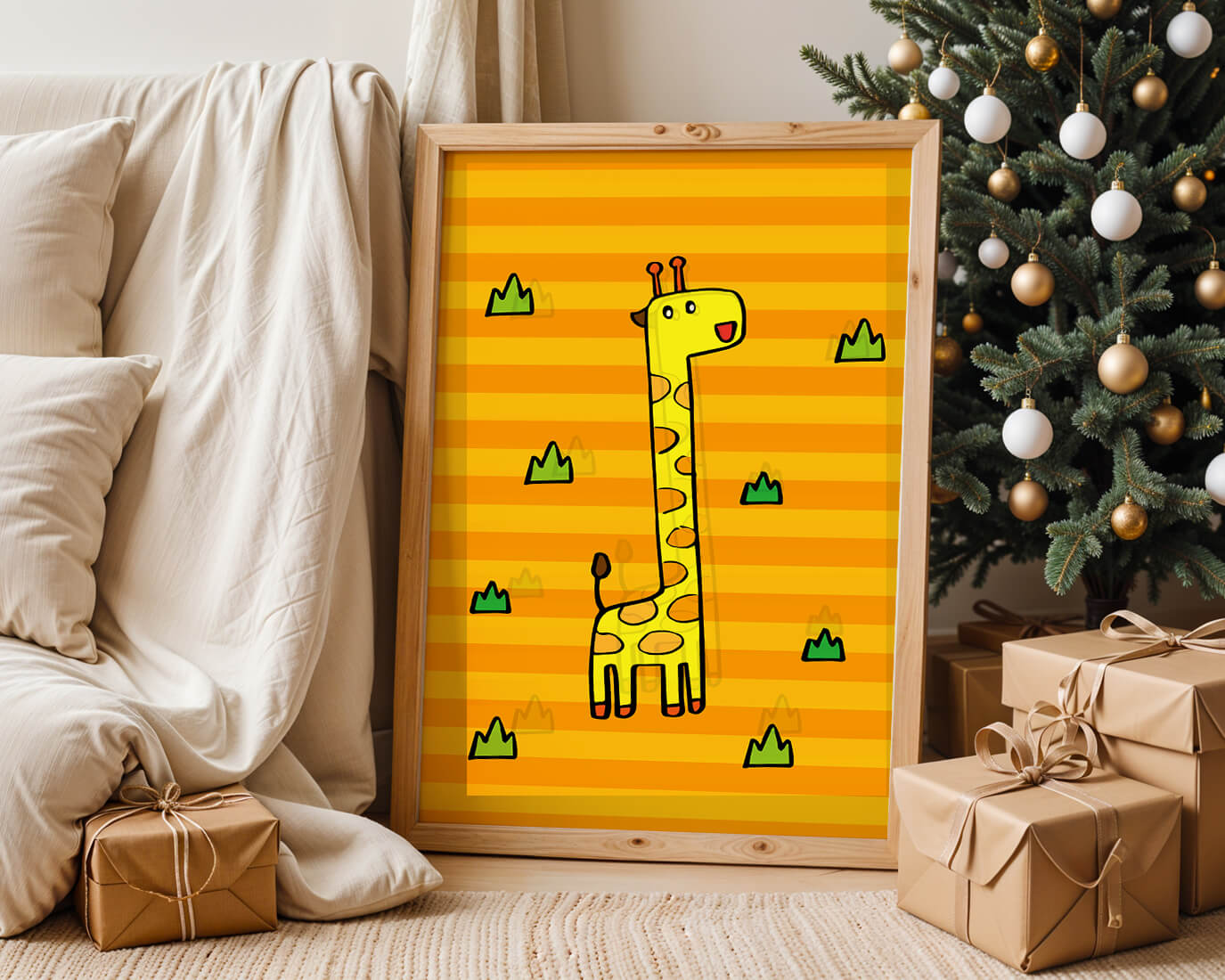 Bright cartoon giraffe illustration on a striped background