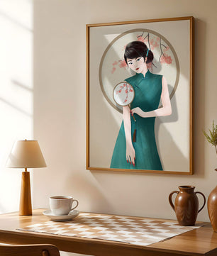Elegante Illustration einer Frau in traditioneller Kleidung mit einem Fächer mit Kirschblüten