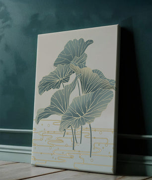 Elegant botanical illustration featuring large leaves with golden accents