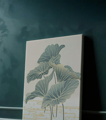 Elegant botanical illustration featuring large leaves with golden accents