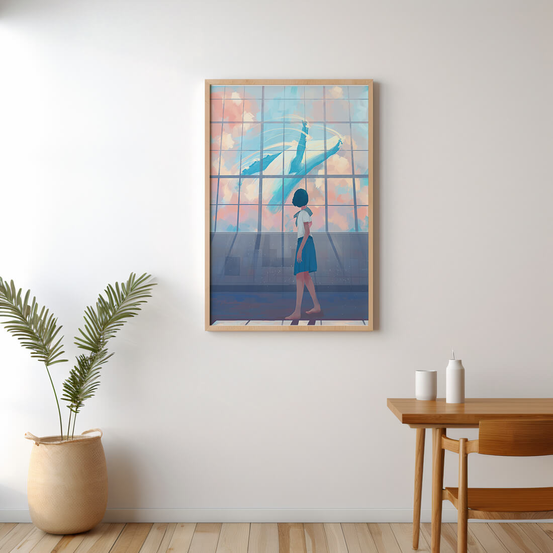 Young girl looking at a giant whale through a large window