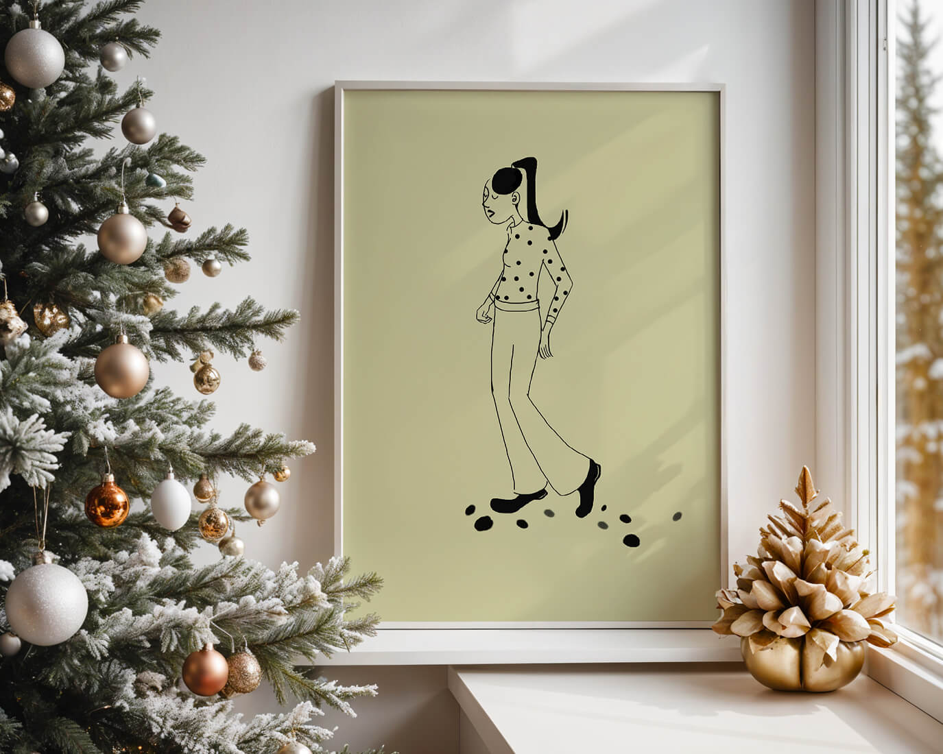 Illustration of a person walking in a polka dot shirt with ponytail