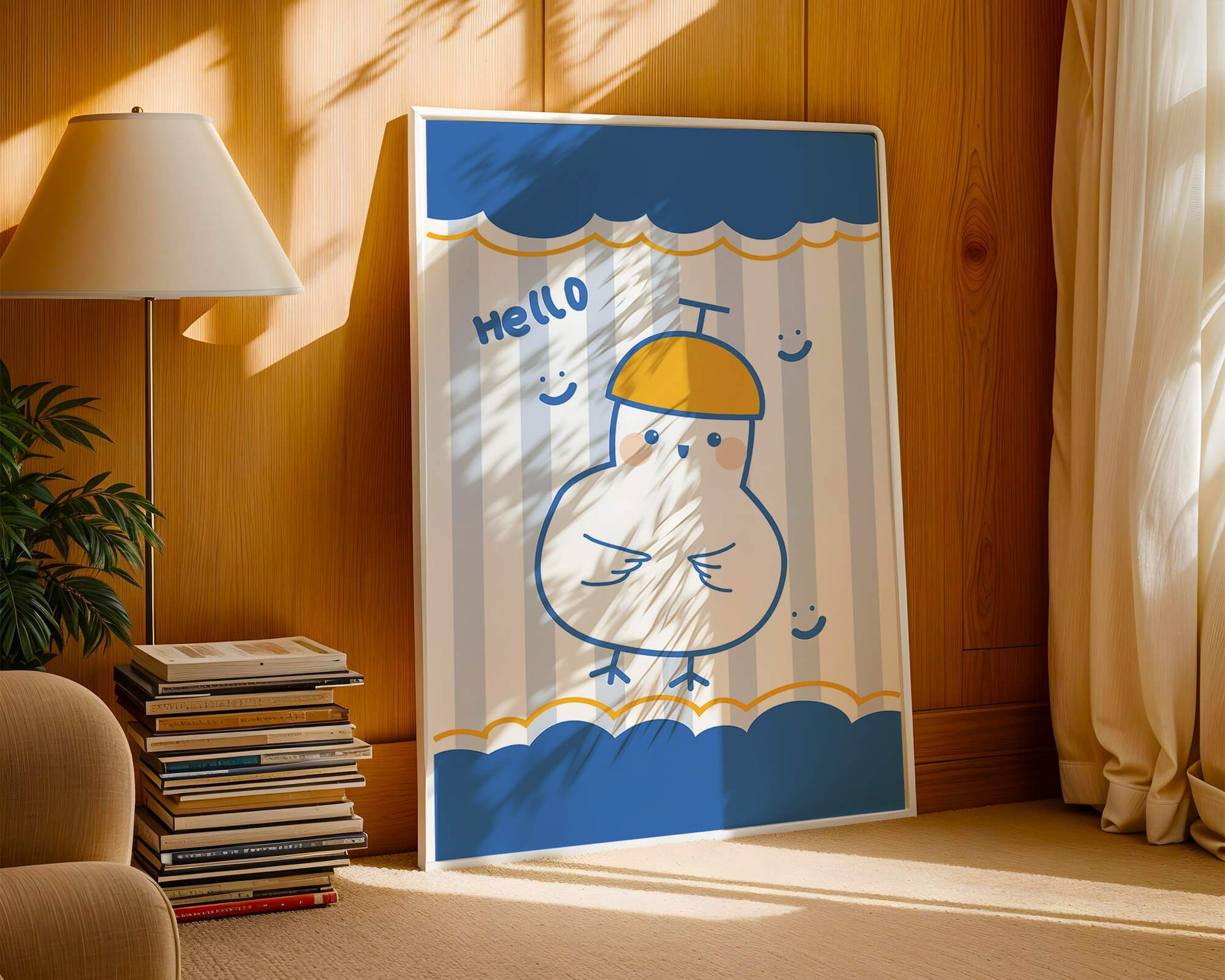 Cartoon bird illustration with cheerful design elements