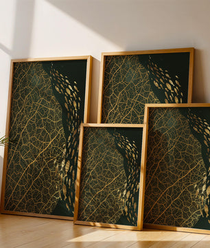 Hoja abstracta con patrón geométrico y siluetas de peces