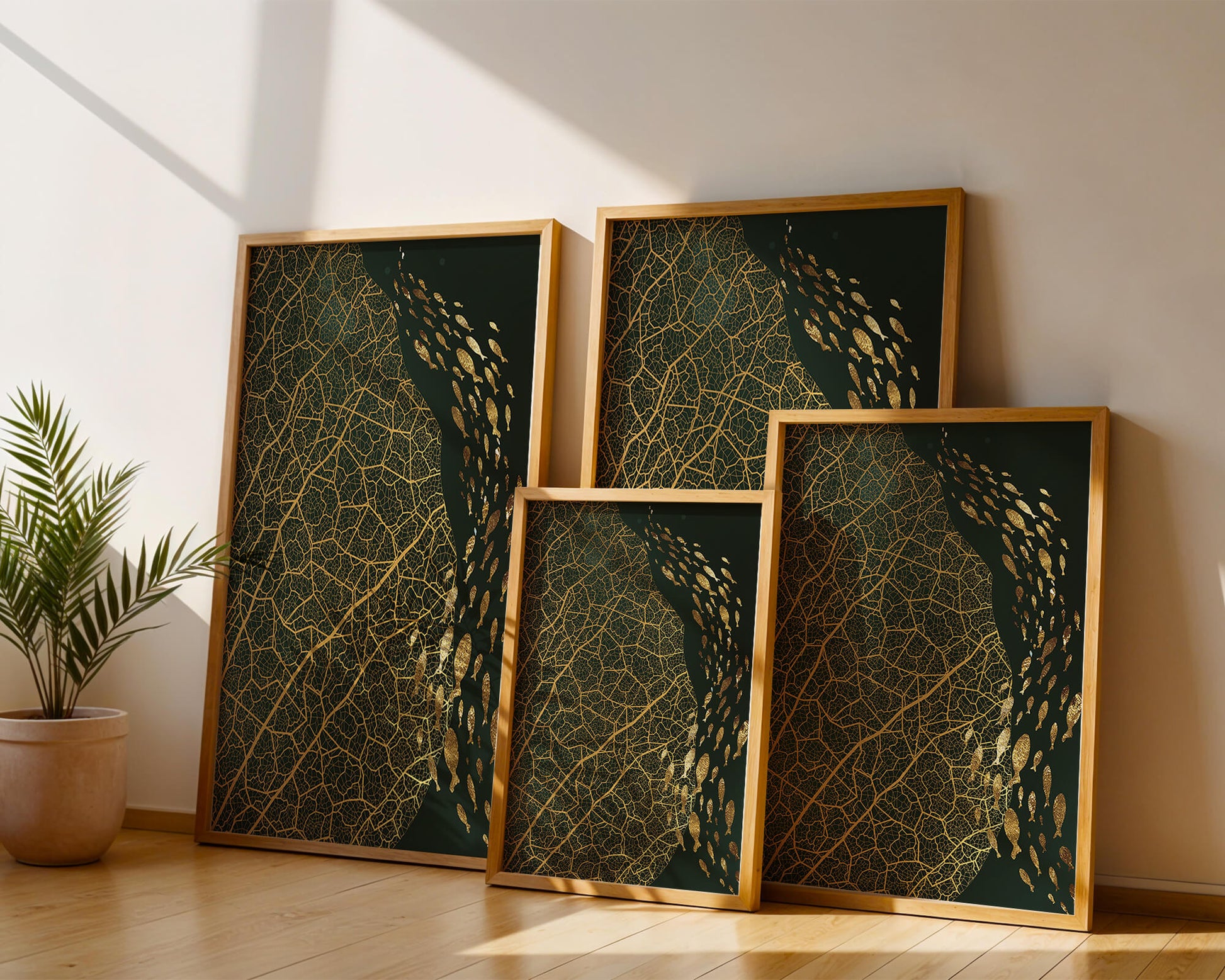 Hoja abstracta con patrón geométrico y siluetas de peces
