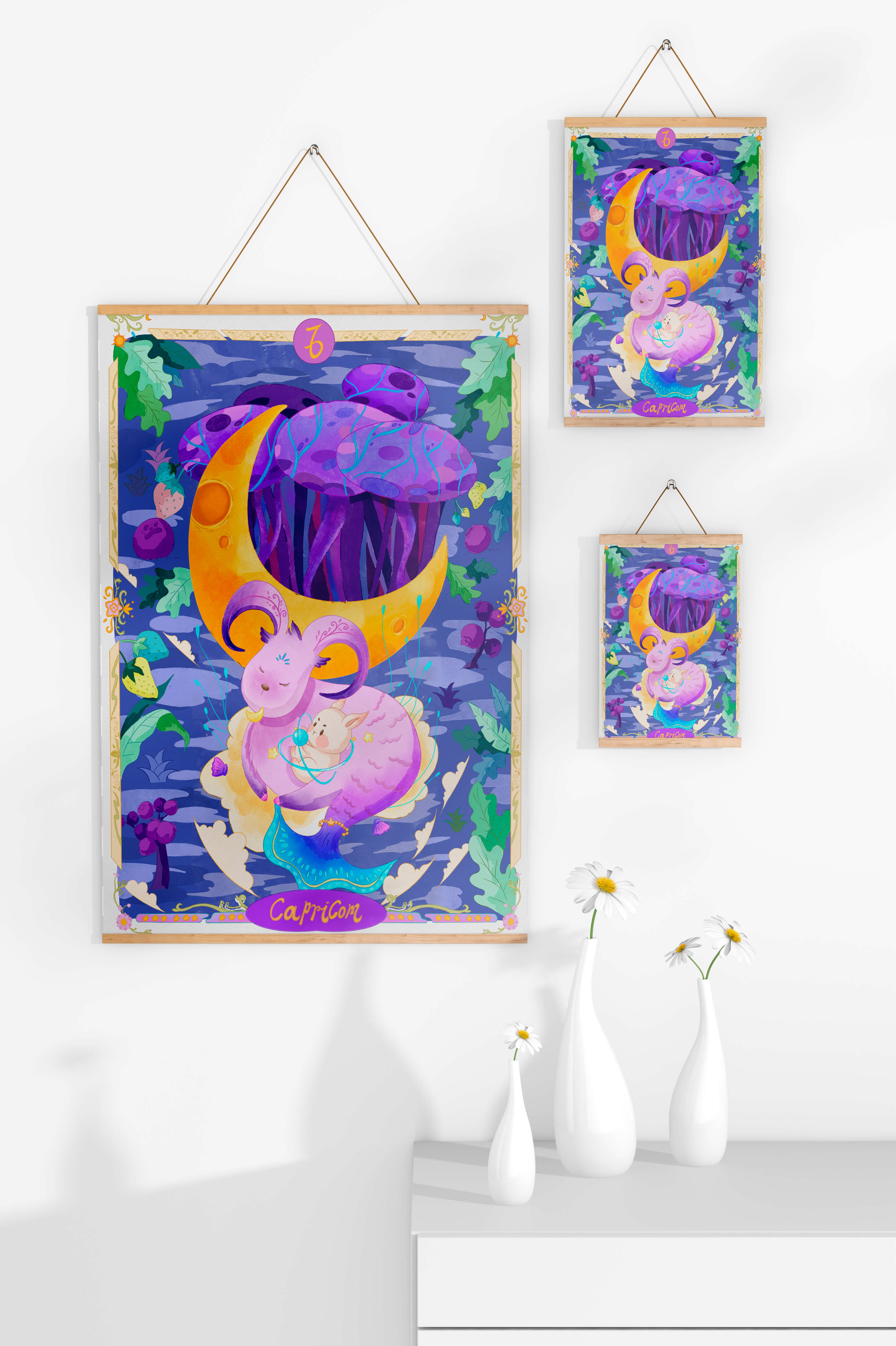 Colorful Capricorn zodiac illustration with fantasy elements