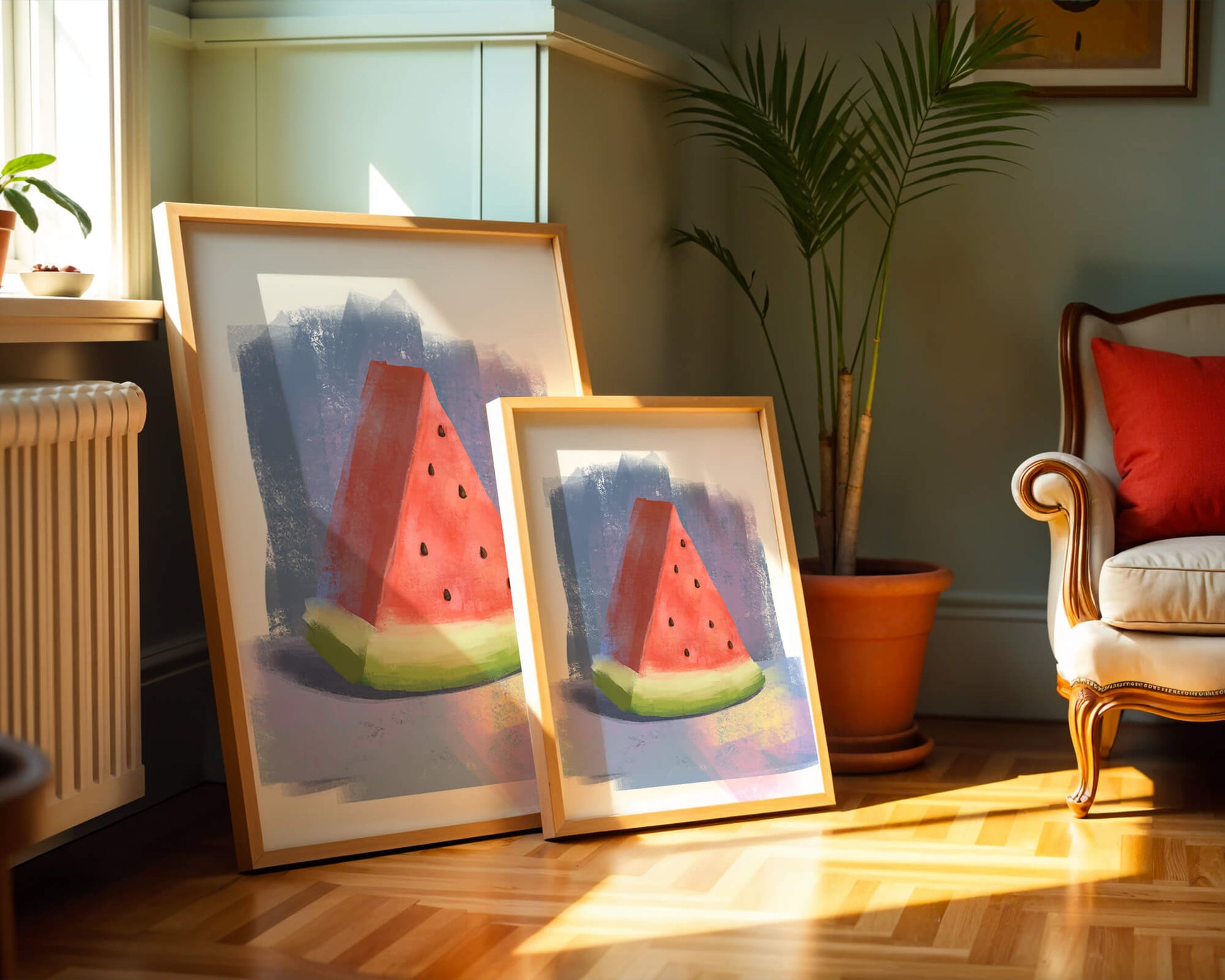 Watercolor illustration of a watermelon slice with abstract background