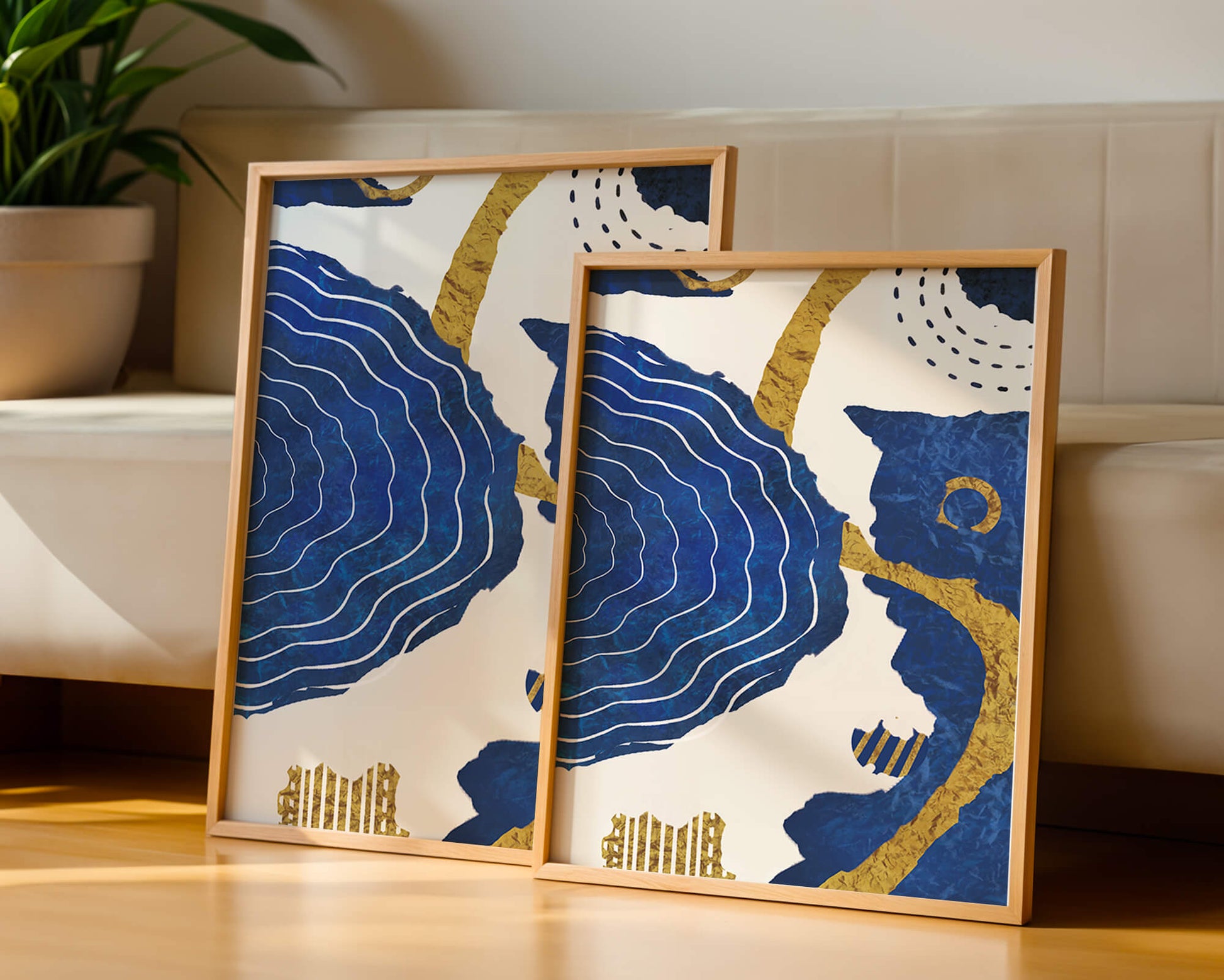Diseño abstracto ondulado azul y dorado con patrones geométricos