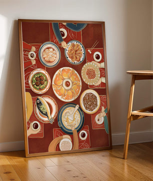 Colorful Chinese cuisine on a dining table with traditional dishes
