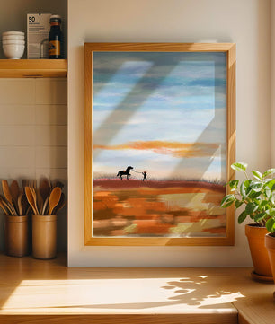 Serene landscape with cowboy and horse under vast sky