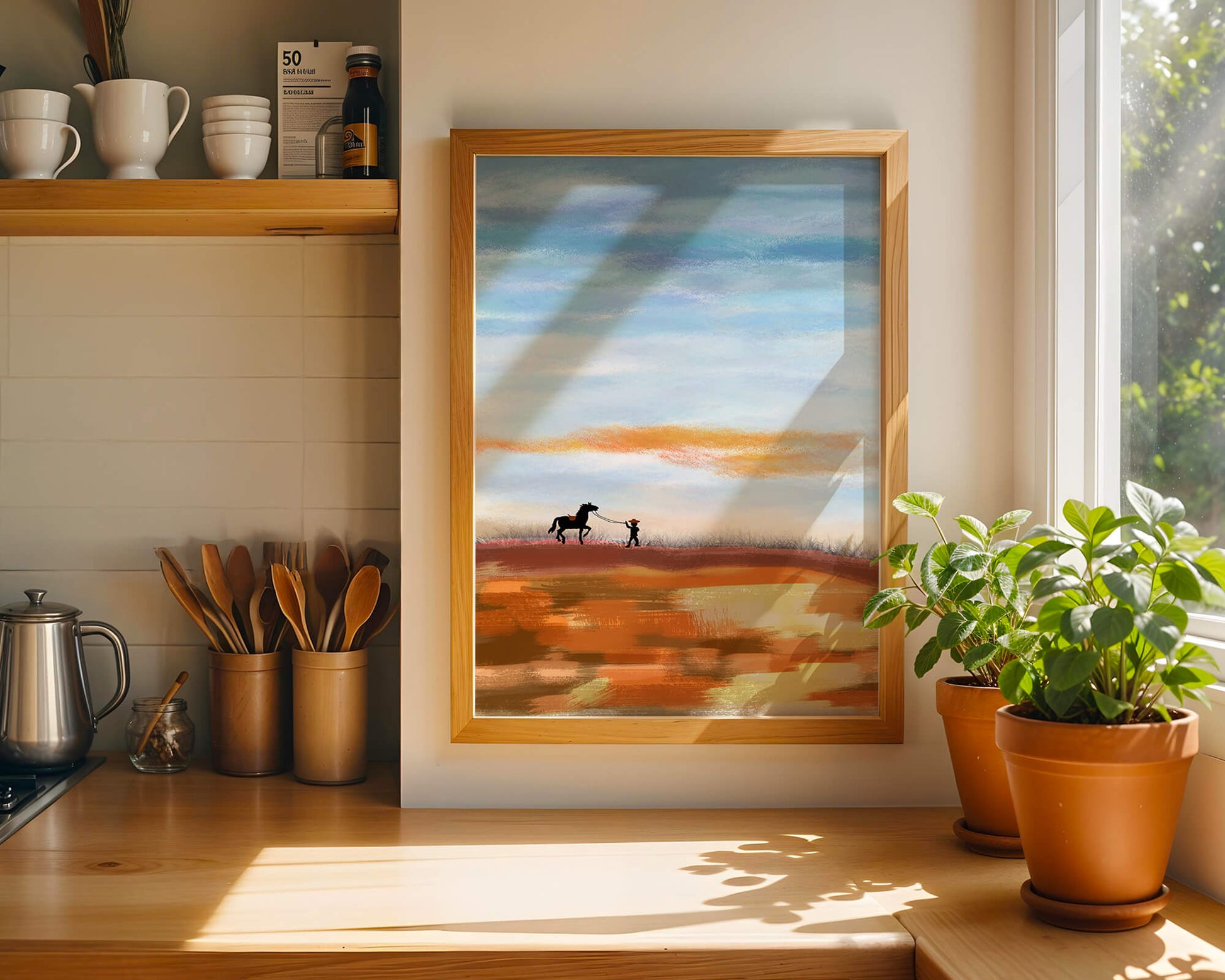 Serene landscape with cowboy and horse under vast sky