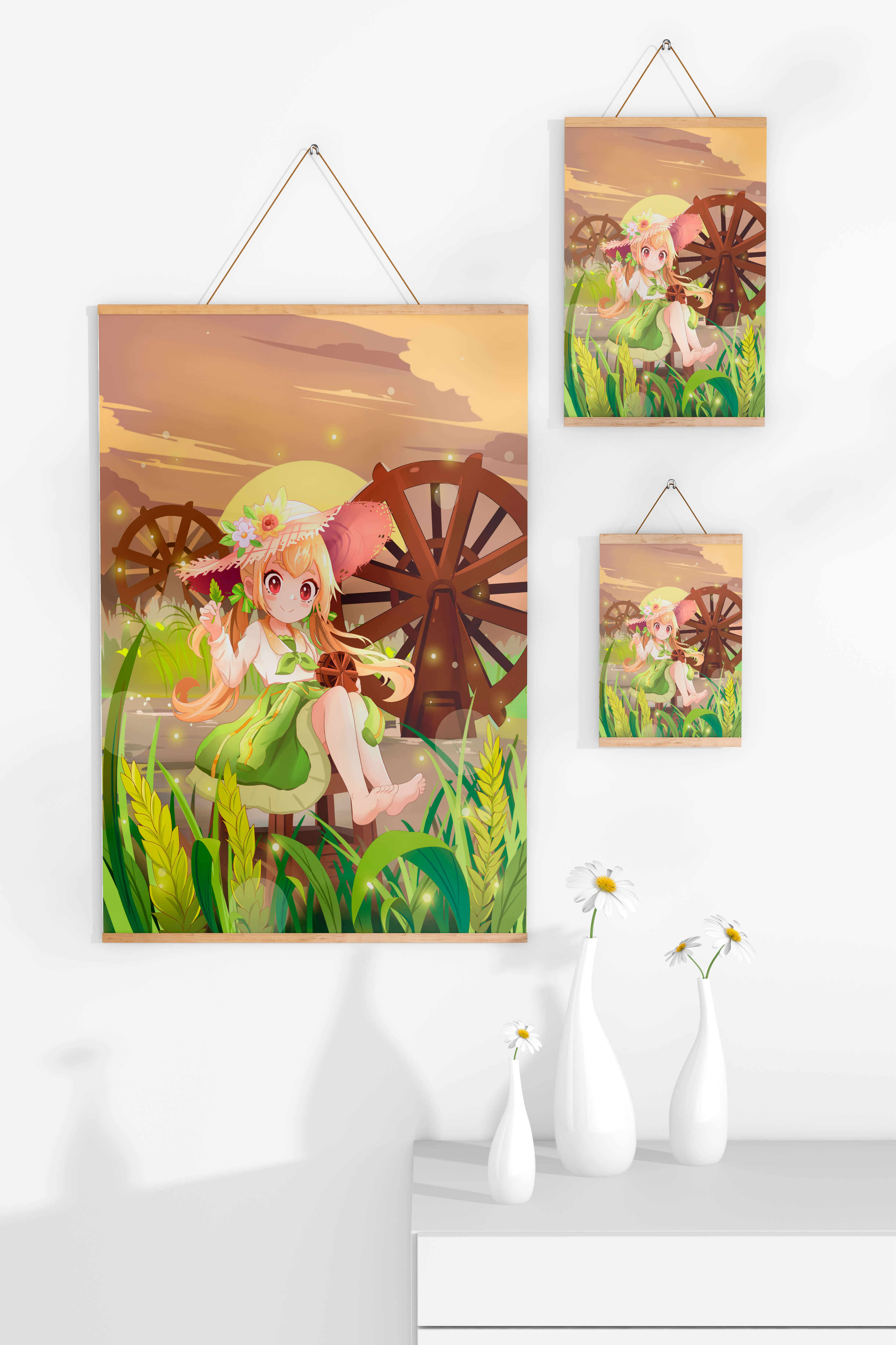 Enchanted countryside scene with a cute character and vibrant nature