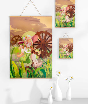 Enchanted countryside scene with a cute character and vibrant nature